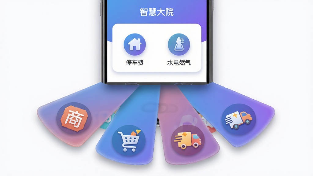 ����չʾ�ֻ���Ļ�ڡ��ǻ۴�Ժ��APP������ɷ�ҳ�棬ҳ�������ҵ�ѡ�ͣ���ѡ�ˮ��ȼ���Ƚɷ�ͼ�꣬�ֻ��·�������̳�����������ݵ��ܱ߷���ͼ�꣬�γ�����չ��Ч��������Ϊ���½ṹ���Ű��η��������Ϊ�ִ���ƽ����ƣ�ɫ�������Ͻ���Ϊ����ϸ�ڱ���ͼ���ʸ���ҳ����Ӱ�����ʸ��壬����ɾ����޶���Ԫ�ء�