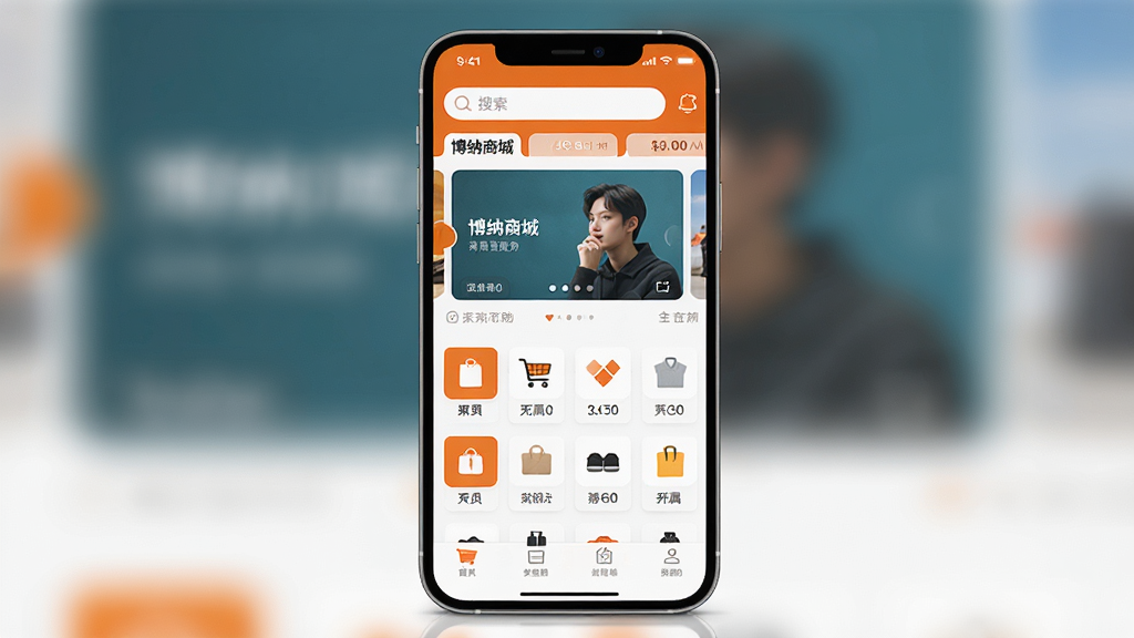 �����̳��ֻ�Ӧ���������ͼ����������չʾһ���ɫ���ɫ��ɫ�Ĺ���APP��ҳ���������������в��ֲ�ͼ���·���Ʒ����ͼ���������У�����ɾ���ˬ������ִ���Լ�����ʸ��壬�޶���Ԫ��