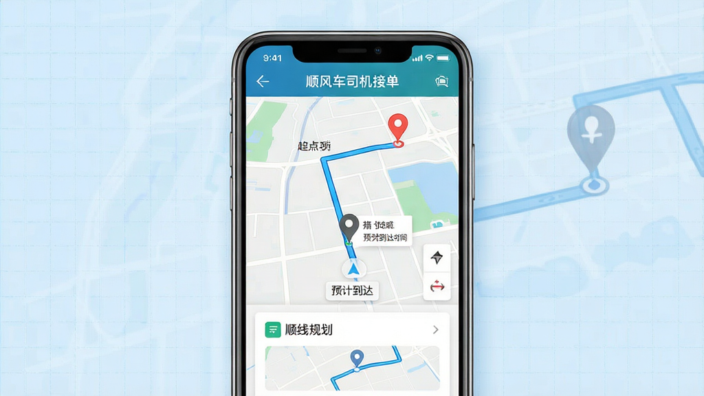 һ��չʾ˳�糵˾���ӵ������������ܵ��ֻ�����ͼ������������һ�������ֻ�����Ļ����ʾ��˳�糵˾���ӵ�������ҳ�棬ҳ�����е�ͼ·�ߡ�����յ��Ǻ�Ԥ�Ƶ���ʱ�䣬�ֻ��·���·�߹滮��Ƭ������Ϊǳ��ɫ������������������죬�����������ɾ����޶���Ԫ��