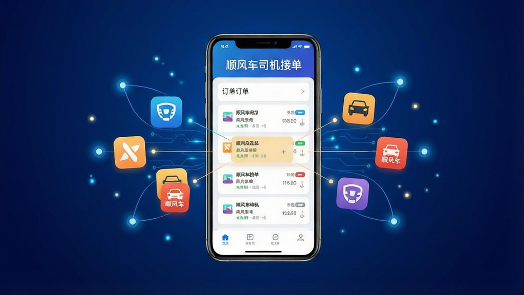 һ��չʾ˳�糵˾���ӵ�������ƽ̨�ۺϹ��ܵ�ʾ��ͼ������������һ���ֻ���Ļ����Ļ����ʾ��˳�糵˾���ӵ���Ӧ�ý��棬�������ж����ͬ��ɫ��Сͼ�������ͬƽ̨��ͼ���۵���Ļ����Ķ����б��У��ֻ���Χ�������ߺ͹��װ�Σ�����Ϊ����ɫ���䣬���Ƽ���ʮ�㣬�����������ɾ����޶���Ԫ��