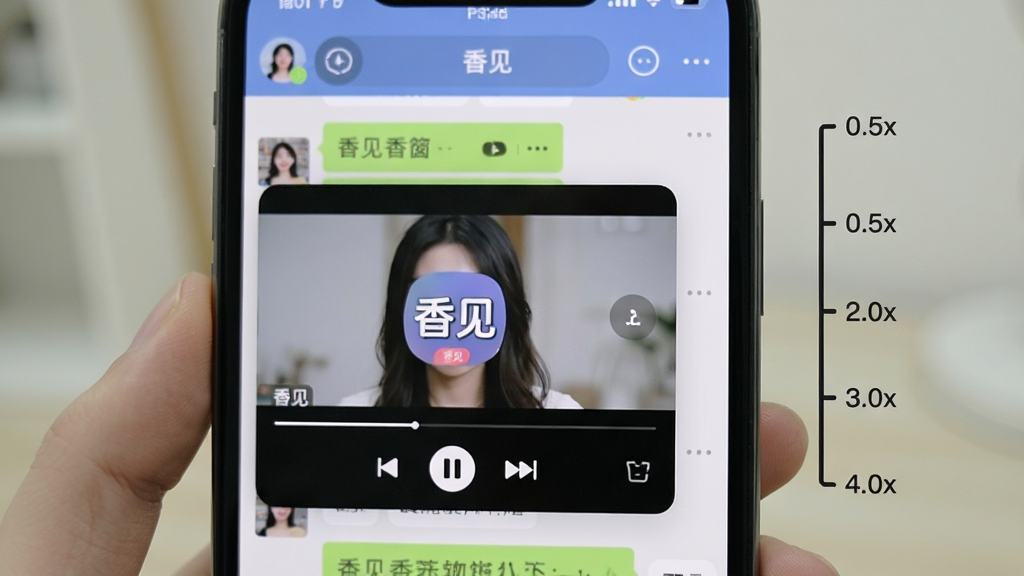 һ��չʾ�����̨С���뱶�ٲ��Ź��ܵĳ���ͼ���������ֻ���Ļ��Ϊǰ�����㣬ǰ�������С������������Ƶ���������罻������棬��Ļ�Ա߱�ע0.5x��3.0x�ı��ٿ̶ȣ����дʵ������Ű�ͻ��С������Ч����ϸ����С������ʾ���������ʶ�����ʸ���ɾ����޶���Ԫ��