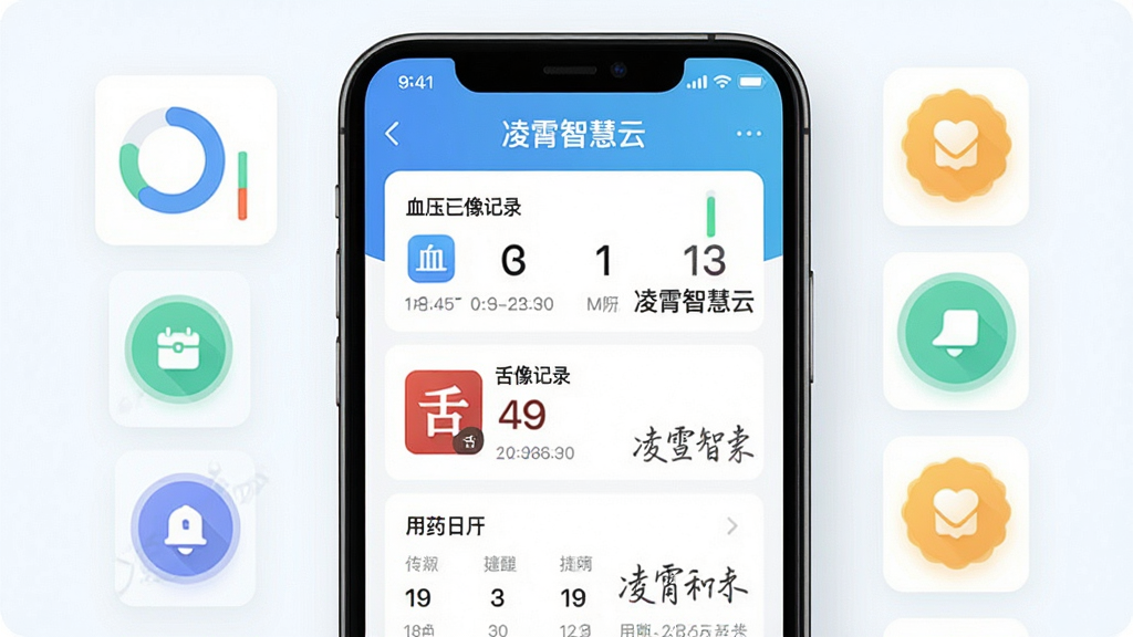 ����Ϊ�ֻ���Ļ��д����ʾ�������ǻ��ơ���������ҳ�棬����Ѫѹ�������¼����ҩ���������ֲ������ľ۽�����Χ��������ͼ��������ͼ�ꣻ�Ű�����ֱ�ۣ����Ϊ��ƽ��UI��ƣ���ɫ���£�ϸ���ϵ�����Ŀ����ʱ�����ҽ��ǩ��ˮӡ�����ʸ��壬����ɾ����޶���װ�Ρ�