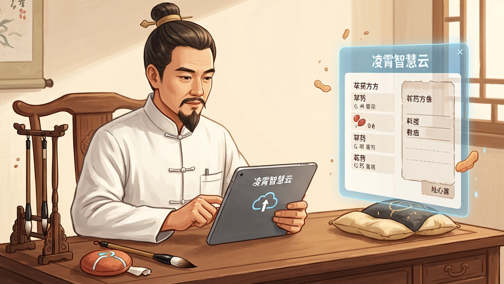 ������һλ��ҽʦ���ڹ�ɫ���������ǰ��ͨ��ƽ����Բ鿴�������ǻ��ơ����棬�����ϰڷ���ë�ʺ�����������Ϊ�������ƫ���Ҳ�չʾ���⴦��ǩ����Ч�����Ű�ͻ���Ƽ��봫ͳ��ϣ����Ϊ����ʽҽ�Ʋ廭��ɫ����ů��ͣ�ϸ�ڰ���ҽ��רע�ı��顢��Ļ����������ҩ�������ƣ����ʸ��壬����ɾ����޶���Ԫ�ء�