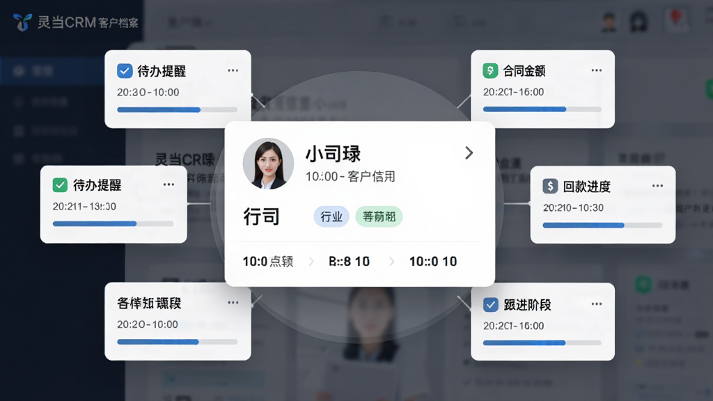 �����ԡ��鵱CRM���ͻ�����ҳΪ���壬������һ�ŷŴ�Ŀͻ���Ϣ��Ƭ����Ƭ�ϱ�ע��ϵ��ͷ�񡢹�˾���ơ���ҵ��ǩ�������׶Σ����ܻ���������С��Ƭ�ֱ�д�Ź�ͨ��¼����ͬ���ؿ���ȡ��������ѣ�����Ϊ����״Χ�����ģ����Ϊ�ִ�������Ϣͼ��ϸ�ڰ�����ѡͼ�ꡢʱ����������������ʸ��壬����ɾ����޶���Ԫ��