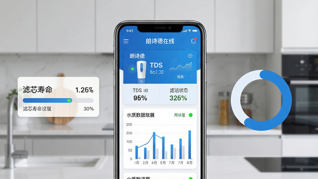 ��ʫ���������������棬����������һ�������ֻ�����Ļ����ʾ��ˮ���豸״̬��Ƭ��ˮ������ͼ��������Ϊ�ִ��������������������о�������������Ҳ�չʾ��ˮ��ͳ�ƻ���ͼ�����岼�ּ�����������ñ�ƽ���Ƽ����������ɫΪ����ϸ�ڰ���TDS��ֵ����о�ٷֱȡ�����״ָ̬ʾ�ƣ����ʸ��壬�ɾ����޶���Ԫ�أ�ͼ�����ֱ�ע����ʫ�����ߡ�