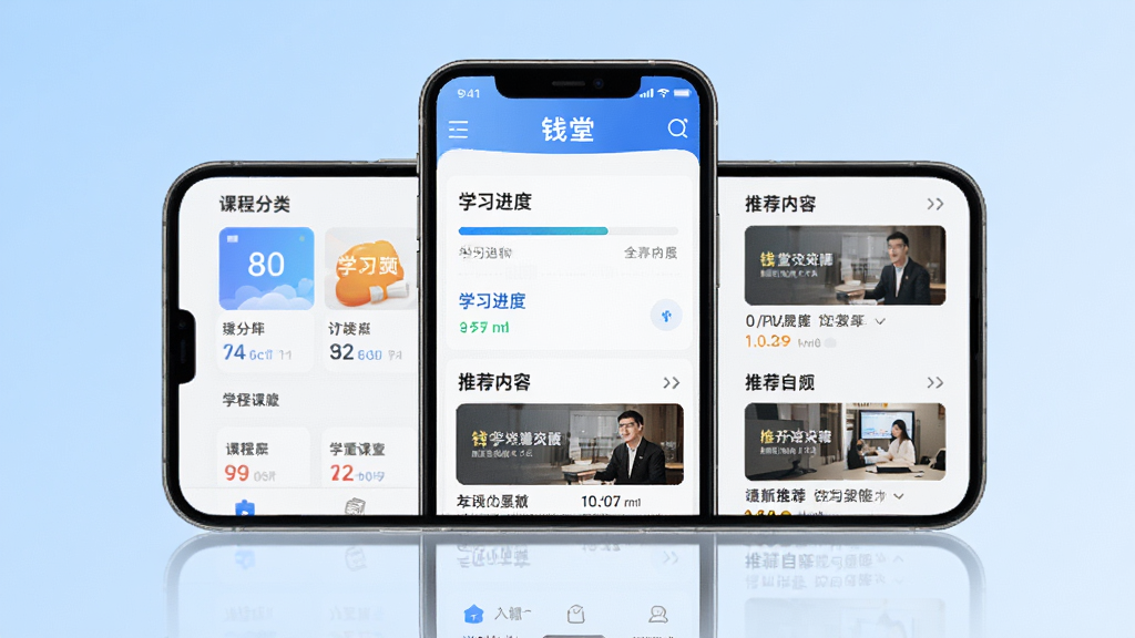 Ǯ������������չʾ����������Ϊ�ֻ���Ļ����Ļ����ʾǮ��APP����ҳ���֣������γ̷��ࡢѧϰ���������Ƽ�����ģ�飬����Ϊǳ��ɫ���䣬�����������£�ϸ�����������ʸ��壬�ɾ��޶���Ԫ��