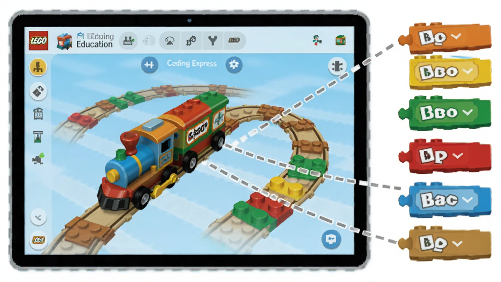 LEGO Education Coding Express Ӧ�ý��棬��Ļ����ʾ��ɫС������������һ��չʾ�ָߵñ���ľָ��飬��ľ����Ļ֮�����������ӱ�ʾ������������ͨ��񣬲�������������ɾ������廭��