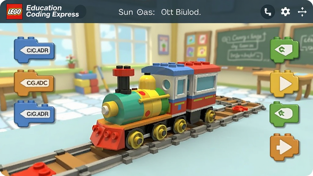 LEGO Education Coding Express ���������棬������һ�в�ɫ�ָ�С����ʻ�ڹ���ϣ���Χ���Ʊ��ָ���ľͼ�꣬����Ϊ�����Ľ��һ�������ͨ3D���ɫ�����ޣ���������������ɾ����޶���Ԫ�أ����廭��