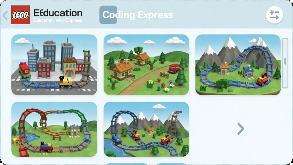 LEGO Education Coding Express �ೡ����ͼѡ����棬��Ļ��չʾ���С���塢ɽ���ȶ�������ͼ����ͼ��ÿ����ͼ�в�ͬ��ɫ�Ĺ���ͱ���Ԫ�أ���ͨ��񣬲������룬����ɾ������廭��
