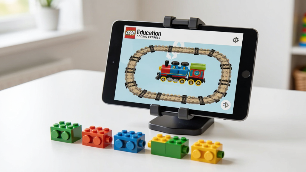 LEGO Education Coding Express �ƶ���ʹ�ó������ֻ���ƽ��̶���֧���ϣ�ǰ���ڷ��ָߵñ���ľָ��飬��Ļ��ʾС�𳵹�����棬�������࣬��������������ɾ������廭��
