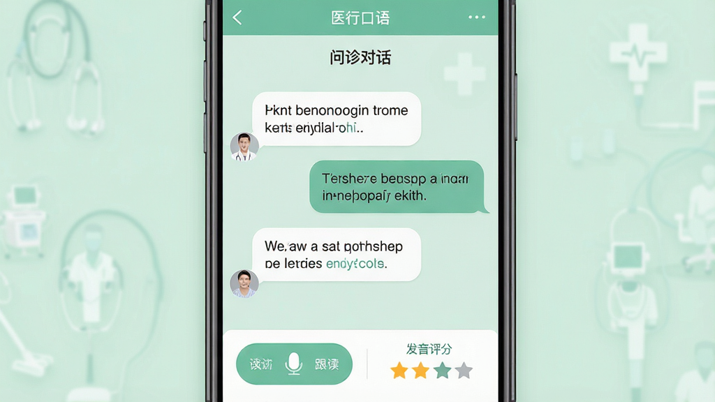 һ��չʾҽ�п���APP����ʵҽ�������Ի���ϰ������ֻ���ͼ����������Ϊ�ֻ���Ļ����Ļ����ʾһ��ҽ���뻼��֮���Ӣ������Ի����Ի����ݽ������У��ײ��и���¼����ť�ͷ���������ʾ������Ϊ��͵�ǳ��ɫҽ�Ʒ�������Ű��������򣬷��Ϊ�ƶ�ѧϰ������Ӧ�ý�����ƣ�ϸ������Ļ��������ʾ