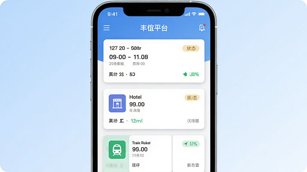 ����������һ���ֻ�����Ļ��չʾ������ƽ̨App���г̹���ҳ�棬ҳ���������ź��࿨Ƭ���Ƶ꿨Ƭ�ͻ�Ʊ��Ƭ��ÿ�ſ�Ƭ����ʱ�䡢�ص��״̬��ǩ������Ϊǳ��ɫ���䣬����Ϊ�����б����У����Ϊ��������磬ϸ�ڰ�����Ƭ��Ӱ��״̬��ɫ��ʶ�����ʸ���ɾ��޶���Ԫ��