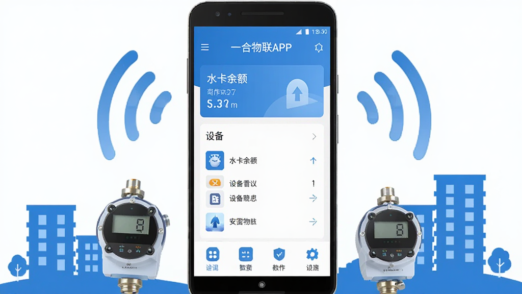 һ������APP������չʾͼ������������һ��������׿�ֻ����ֻ���Ļ����ʾ��һ����������ɫϵӦ����ҳ��ҳ�����ˮ����Ƭ���豸�б��͹���ͼ�꣬�ֻ���Χ����������ˮ�����������źŲ��ƺ�����¥���Ӱ��������ñ�ƽ���Ƽ����ɫ��������Ϊ��������ɾ����࣬���廭�ʣ��޶���Ԫ��