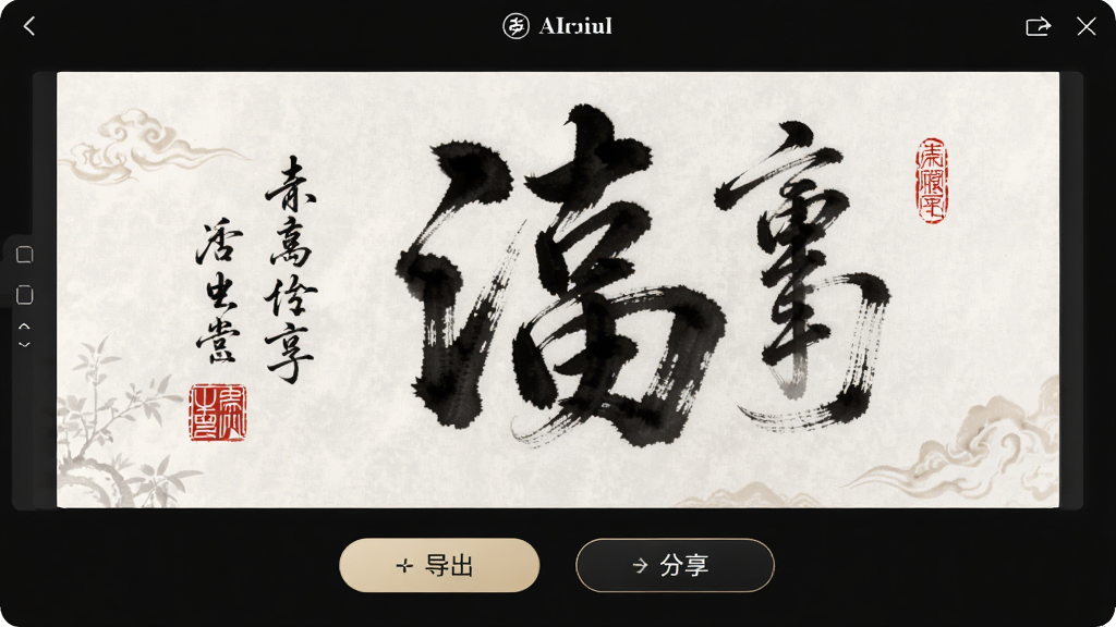 ����Ϊ�鷨AI��Ʒ������������棬����Ϊ��Ļչʾһ����ɵ��鷨��Ʒ���Ű�Ϊ��Ʒ�����·��е����ͷ�����ť�����Ϊ�����й��磬ϸ��Ϊ��Ʒ���к�ɫӡ�º������ʸ��壬�ɾ����޶���Ԫ��