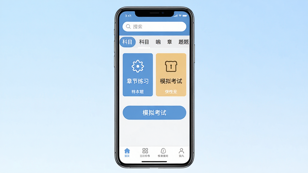 ����������������ֻ�APP�������ͼ������������һ�����������ֻ�����Ļ��չʾ�����ҳ��������������Ϳ�Ŀ�����ǩ���м����½���ϰ��ں�ģ�⿼�԰�ť���ײ�����������������Ϊǳ��ɫ���䣬��������ˬ��࣬UI��Ʊ�ƽ�����������������ʸɾ����޶���Ԫ��
