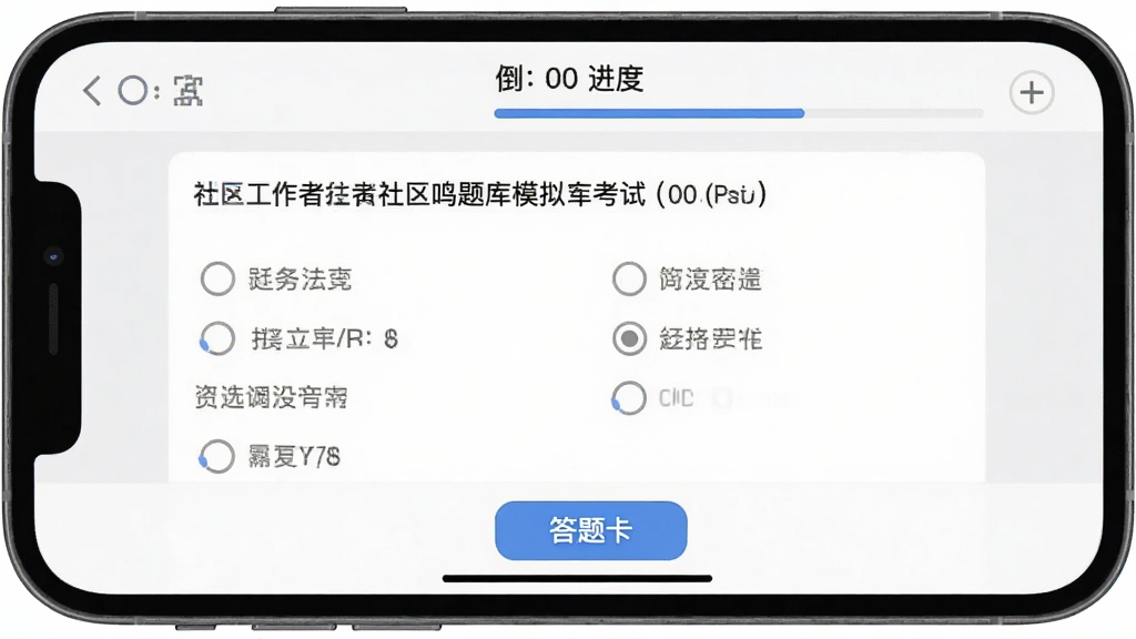 ���������������ģ�⿼�Խ��棬����Ϊ�ֻ�����չʾ���Դ���ҳ�棬��Ļ����ʾ��ѡ����ɺ��ĸ�ѡ������е���ʱ�ͽ��������ײ��д��⿨��ť������Ϊǳ��ɫ�����������������࣬���ʸɾ����޶���Ԫ��