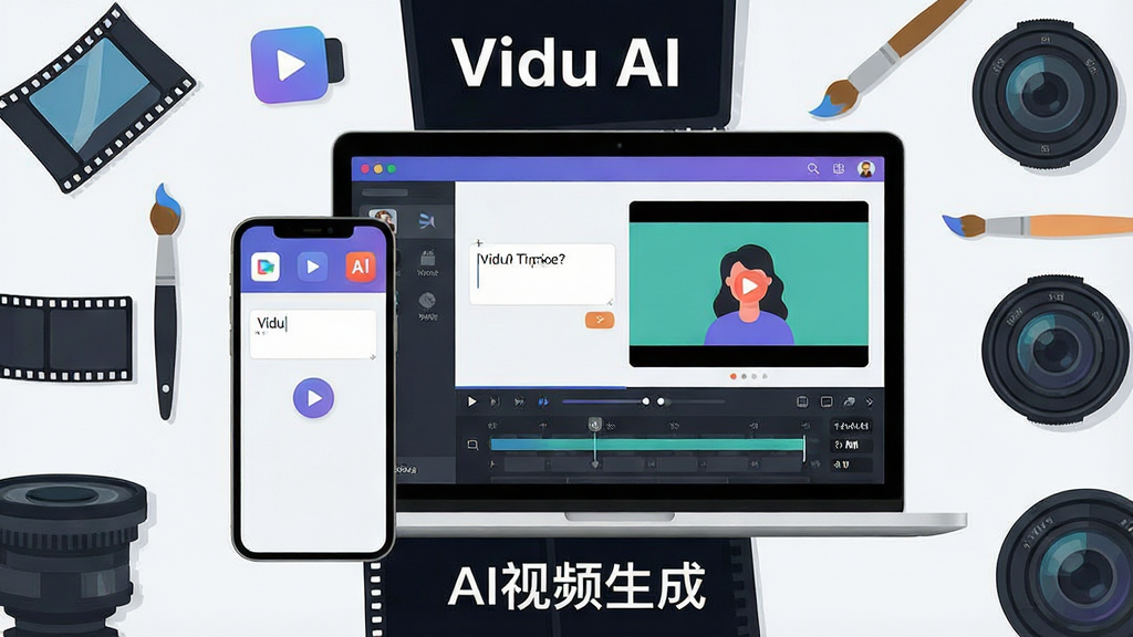 һ��չʾVidu AI�������Ĺ��ܵ��ۺϳ���ͼ�������������һ�������ֻ���һ̨�ʼǱ����ԣ���Ļ�г���Vidu AI��Ƶ���ɽ��棬������չʾ�������������ƵԤ�����ڣ���Χ�����Ž�Ƭ�����ʡ���ͷ�ȴ���Ԫ�أ����岼�ֲ������ҶԳƵĿƼ����Ű棬���Ϊ�ִ���ƽ���Ƽ��磬ϸ�ڰ�������ͼ�ꡢ���Ű�ť��ʱ���ᡢ�ֱ��ʲ�����ǩ�����������ֱ�ע��Vidu AI���͡�AI��Ƶ���ɡ������������ɾ��޶�������Ԫ��