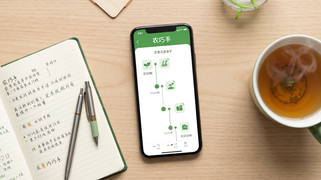 ����������һ�������ֻ�ƽ����ľ�������ϣ��ֻ���Ļ��ʾũ����App��ũ�¼�¼ʱ������棬�Ա߷���һ��������ũ�±ʼǱ���һ֧�ʡ����ֲ��ø����ӽǣ��ֻ�λ�ڻ������룬�ʼǱ��ͱ�����࣬�Ҳ���һ���Ȳ衣�Ű����ֻ���Ļ����չʾʱ�����ͼ�ꡣ������Ϊ���¼�Լ�ľ�����Ӱ��ɫ����ǳľɫ����ɫΪ����ϸ�ڰ�����Ļ�ϵ�