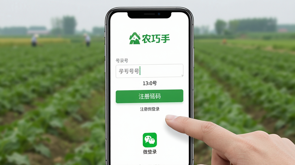 ����������һ�������ֻ���Ļ��д����ʾũ����App��ע���¼ҳ�棬ҳ�������ֻ�����������֤�밴ť���Ա���һֻ�����ڵ����Ļ�����ֲ��þ��й�ͼ���ֻ�ռ�ݻ������壬�������黯��ũ��Ű�����Ļ�ϵ�