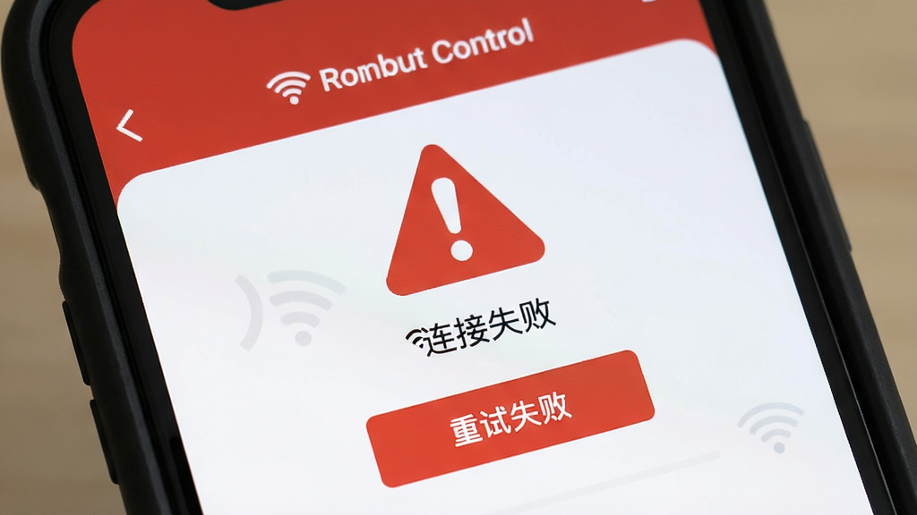 �������ֻ���ʾRoomba Control������ʾ���棬����Ϊ������д���Ű�ͻ������ͼ�꣬���Ϊ��ƽ����ʾ�磬ϸ�ڰ�����ɫ��̾�š�WiFi�Ͽ�ͼ�ꡢ���԰�ť�����ʸ���ɾ��޶���Ԫ�أ����������ֱ�ע������ʧ�ܡ���