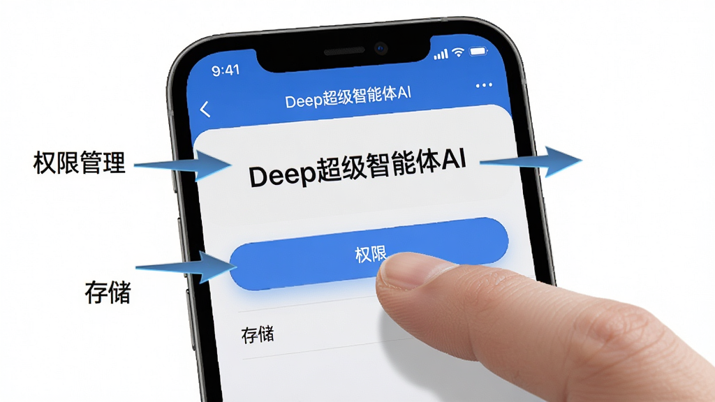 ������һ���ֻ���Ļ��д����Ļ��ʾ��Deep����������AI��������ҳ�棬����Ϊ������У���Χ�м�ͷָ��Ȩ�޹������͡��洢��ѡ��Ű�����ֱ�ۣ����ΪдʵUI���ϸ������ָ���ڵ����Ȩ�ޡ���ť�����ʸ��壬�ɾ����޶���Ԫ��