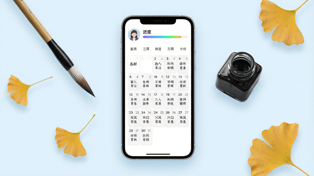 һ��չʾƷζ�鷨App���Ի�ѧϰ�ƻ������ͼƬ������������һ�������ֻ����棬��Ļ����ʾ��������ʽ�����ּƻ�����ÿ������б�ע�Ų�ͬ����ϰ���񣬽��涥�����û�ͷ��ͽ��������ֻ������ڵ���ɫ�����У���Χ������ë�ʡ�īˮƿ�ͼ�ƬƮ�������Ҷ������Ϊ����չʾ�����Ϊ���¼�Լ��UIչʾͼ��ϸ�ڰ��������ϵ����������ɶ����������н���ɫ�ʣ�����Ϊ���壬����ɾ������ҡ�