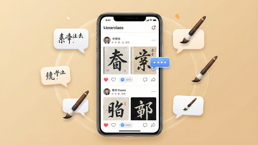 һ��չʾƷζ�鷨App�������������ͼƬ��������һ���ֻ�������ʾ������̬ҳ�棬ҳ�����������û��������鷨��Ʒ����ͼ������ͼ����������ݣ��ֻ���ΧƯ���ż����Ի����ݺ�ë��ͼ�꣬����Ϊ��ů���׻�ɫ��������Ϊ�ֻ����С�Ԫ�ػ��ƣ����Ϊ���õ��罻Ӧ��չʾͼ��ϸ�ڰ�������ͼ�е��鷨�ּ���Լ�ɼ���ͼ����ƾ��£�����Ϊ���壬����ɾ��޶���Ԫ�ء�