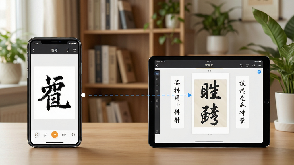 һ��չʾƷζ�鷨App���ֻ���ƽ��˫�豸�����еĳ���ͼ�����������һ�������ֻ���ʾ��ġ���棬�Ҳ���һ̨����ƽ����ʾ����������棬��̨�豸֮����һ���������ӱ�ʾ����ͬ�����������鷿һ�ǣ�����ܺ���ֲ������Ϊ���ҶԱ�չʾ�����Ϊдʵ������Ʒͼ��ϸ�ڰ����豸��Ļ�ϵ�UIԪ�������ɼ����鷿������ܰ��Ȼ������Ϊ���壬����ɾ������ҡ�