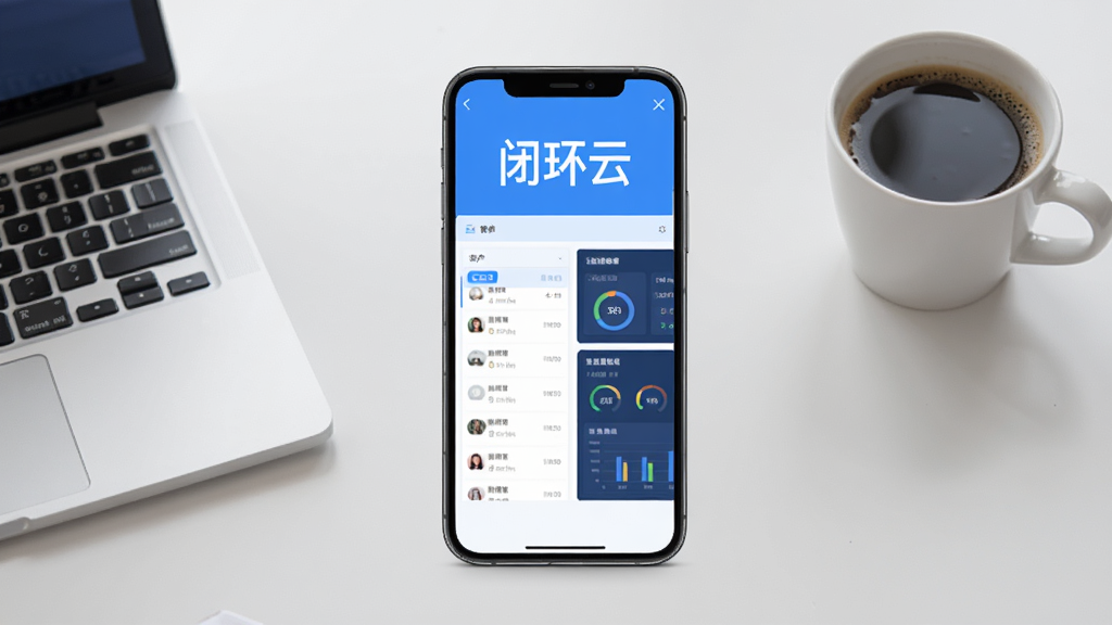 画面中央放置一部智能手机,手机屏幕显示蓝色调的企业办公管理界面,界面顶部写有“闭环云”三个字,左侧是客户列表,右侧是数据看板,背景为简洁的浅灰色办公桌面,桌面摆放一台笔记本电脑和一杯咖啡,整体风格为扁平化科技风,画质清晰,干净无多余元素,适合软件下载站配图。