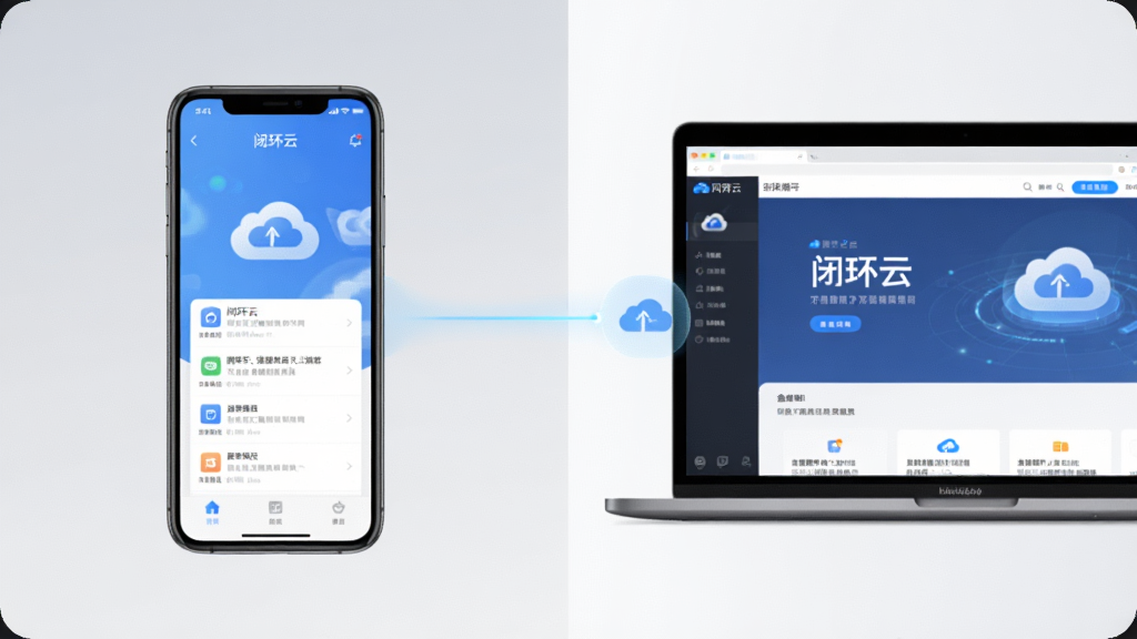 一张分屏构图,左侧是手机屏幕显示“闭环云”移动端界面,右侧是笔记本电脑屏幕显示同一账号的网页端界面,两个屏幕之间有一条淡蓝色光线连接表示数据同步,背景为简洁的渐变灰白色,风格为科技简约风,画质清晰,无多余装饰。