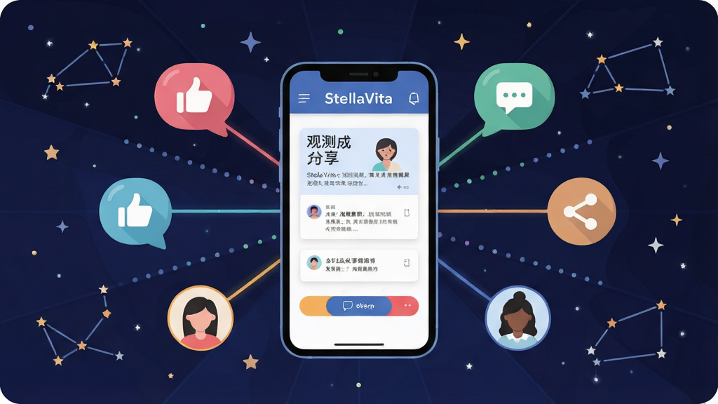 StellaVita �罻��������ʾ��ͼ����������Ϊ�ֻ���Ļ��ʾ�۲�ɹ�����ҳ�棬��Χ�����ŵ��ޡ����ۡ�����ͼ�����û�ͷ�񣬱���Ϊ�ǿ�������ͼ�������ֲ��÷���״����ʽ���Ű���ã����Ϊ���±�ƽ���廭��ϸ�ڰ�����ɫ�����������ߣ����ʸ��壬�ɾ����޶���Ԫ��