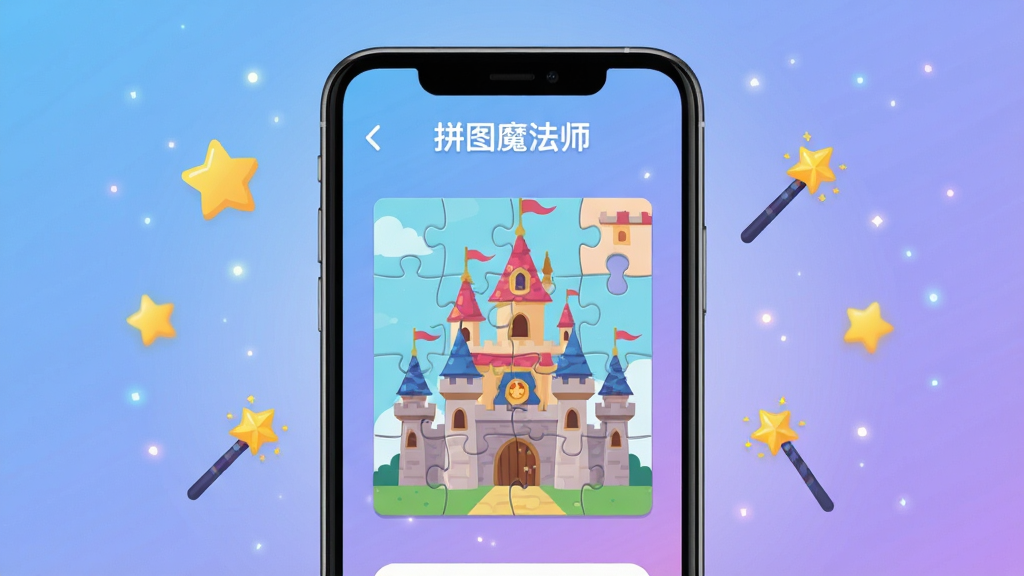 �����������һ�������ֻ����ֻ���Ļ����ʾ��ƴͼħ��ʦ��Ӧ�ý��棬��������һ������ƴ�ӵĿ�ͨ�Ǳ�ƴͼ������Ư�������Ǻ�ħ����ͼ�ꡣ��������͵�����ɫ���䣬��׺��ϸ��Ĺ�㡣������Ϊ��ƽ���廭��ɫ���������ã�ϸ�����������ʸɾ����޶���Ԫ�ء�