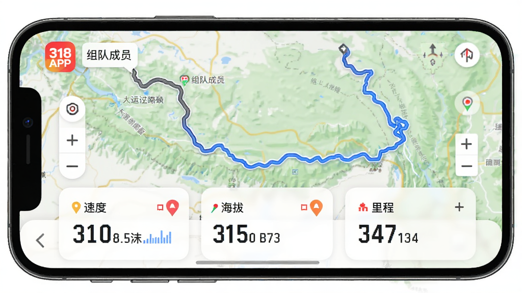 318�˶��켣��¼���棬����Ϊ�ֻ�������ʾ��ͼ�켣��������壬�����Ϸ�Ϊ·�ߵ�ͼ���·�Ϊ�ٶȡ����Ρ�������ݿ�Ƭ���Ű����������Ϊ�˶����ݿ��ӻ���ϸ�ڰ���318�˶�APPͼ�ꡢ��ӳ�Աλ�ñ�ǡ��켣���������ʸ��塢�ɾ����޶���Ԫ�ء�