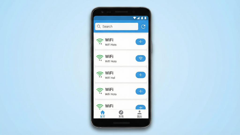 һ��չʾWiFi����Կ��ͨ������������ֻ���ͼ���ͼƬ������������һ��������׿�ֻ����ֻ���Ļ����ʾ��WiFi����Կ��ͨ����ҳ���棬���涥�����������ˢ�°�ť���м������������WiFi�ȵ��б���ÿ����Ŀ������ź�ǿ��ͼ�꣬�Ҳ������Ӱ�ť���ײ��е�����������ҳ�����֡��ҵ�����ͼ�꣬���岼�ָɾ����࣬�Ű���þ��жԳƽṹ�����Ϊ�ִ���ƽ��UI��ƣ�ϸ�����ֻ��߿�����΢��Ӱ������Ϊǳ��ɫ���䣬���������������ɾ��޶���Ԫ��