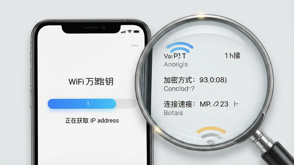 һ��չʾWiFi����Կ��ͨ����״̬���������ͼƬ������������һ���ֻ�����Ļ����ʾ�����ӽ�������״̬���֣�������Ϊ��ɫ������䣬�·������ڻ�ȡIP��ַ����ʾ���֣��ֻ��Ա���һ���Ŵ�Ч����Բ������������ʾ���ź�ǿ�ȡ����ܷ�ʽ�������ٶȵȲ��������ֲ����ֻ��ӷŴ󾵵���Ϲ�ͼ�����ΪдʵUI���ϸ���ϷŴ󾵱�Ե����΢�߹⣬����Ϊǳ��ɫ�������������ɾ��޶���Ԫ��
