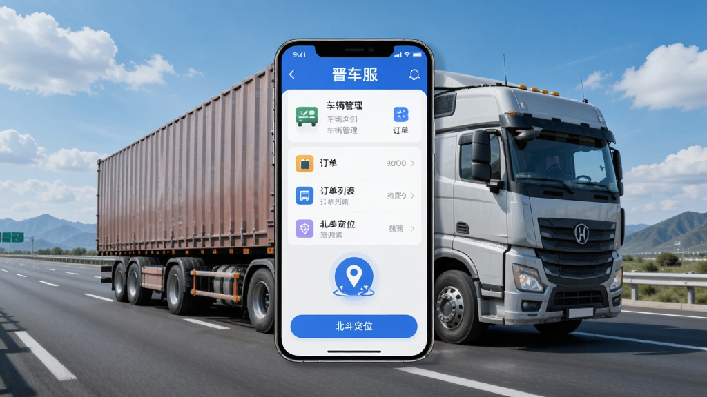 一辆大型货运卡车行驶在宽阔的高速公路上,背景是蓝天白云和远山,画面中央叠加