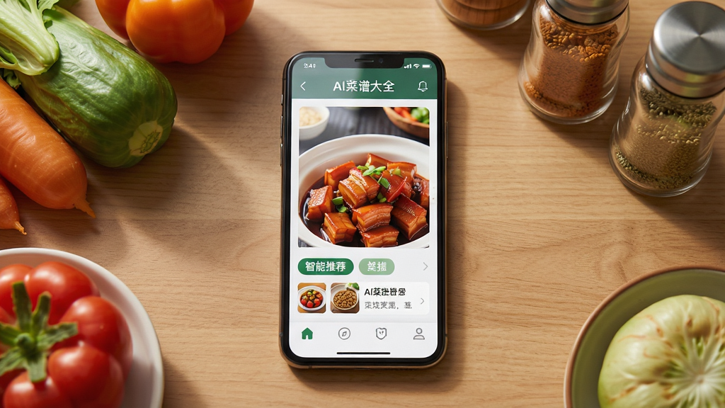 ����Ϊһ�������ֻ���Ļ������ʾAI���״�ȫӦ�ý��棬������չʾһ���������ͼ�Ĳ����������Ƽ���ǩ������Ϊ�ֻ����з�����ľ�ʳ���̨�棬��Χ��׺�����߲������ƿ���Ű���ø���45���ӽǣ����Ϊ��ܰдʵ������Ӱ��ϸ�ڰ�����Ļ���⡢ʳ�������������Ӱ�����ʸ���ɾ��޶���Ԫ�أ�����������Ϊ��AI���״�ȫ��