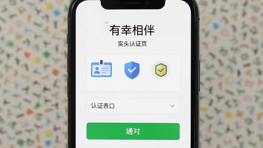 手机屏幕显示“有幸相伴”实名认证页面,主体为认证表单,布局为居中排列,排版整齐,风格安全可靠,细节包含身份证图标、盾牌安全标识、绿色通过按钮,画质清晰,干净,无多余元素
