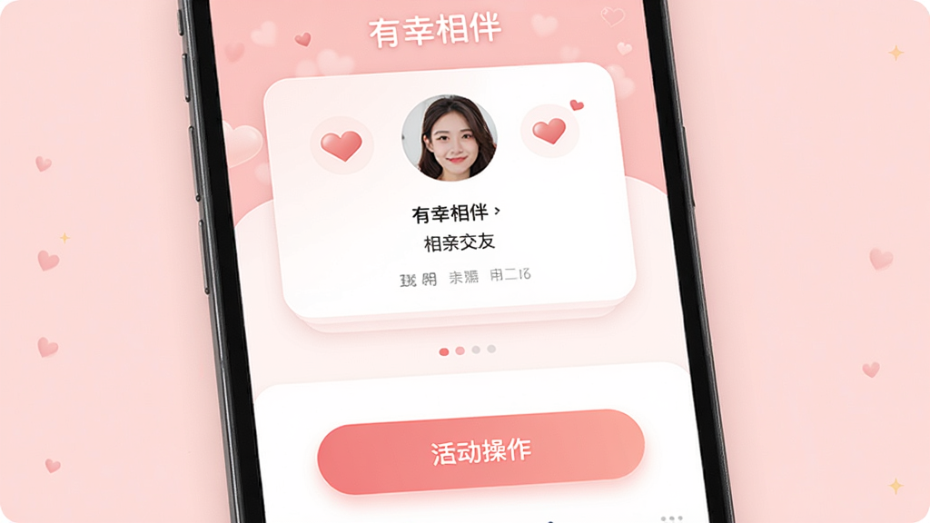 一款名为“有幸相伴”的相亲交友手机应用界面展示,主体为手机屏幕,布局为上下结构,上方显示用户个人资料卡片,下方为滑动操作按钮,排版简洁清晰,风格温馨浪漫,细节包含柔和的粉红色调、爱心图标、真人头像,画质高清,干净,无多余元素