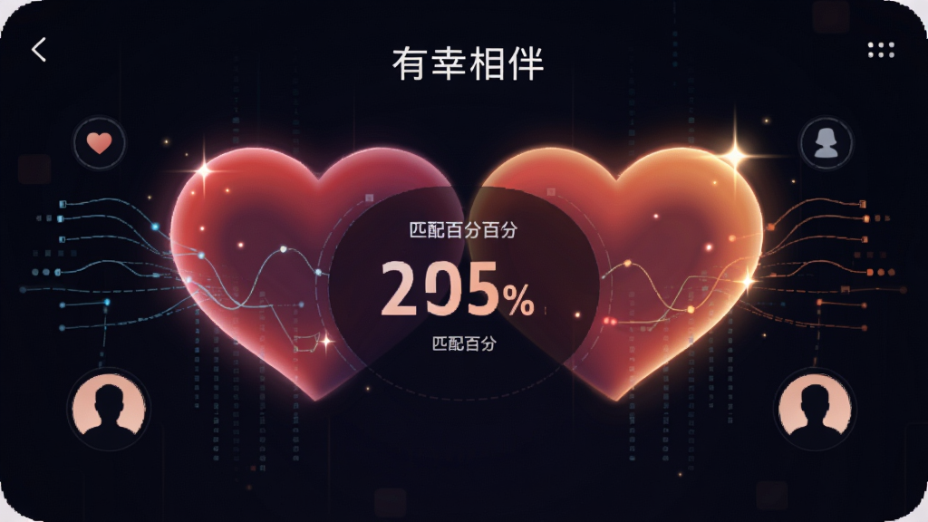 “有幸相伴”应用内的智能匹配界面,主体为两颗相互靠近的爱心,布局为左右对称,排版中间显示匹配百分比,风格科技感与温馨感结合,细节包含数据线条、用户头像剪影、闪光特效,画质高清,干净,无多余元素