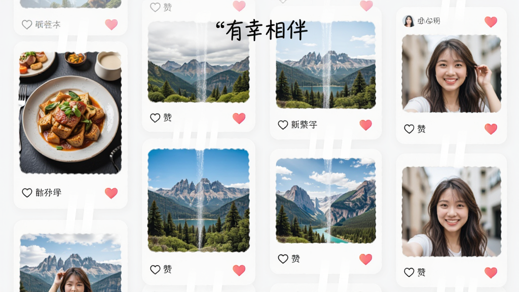 “有幸相伴”动态广场功能展示,主体为瀑布流式动态卡片,布局为多列排布,排版错落有致,风格生活化,细节包含美食照片、旅行风景、自拍头像、点赞爱心,画质清晰,干净,无多余元素