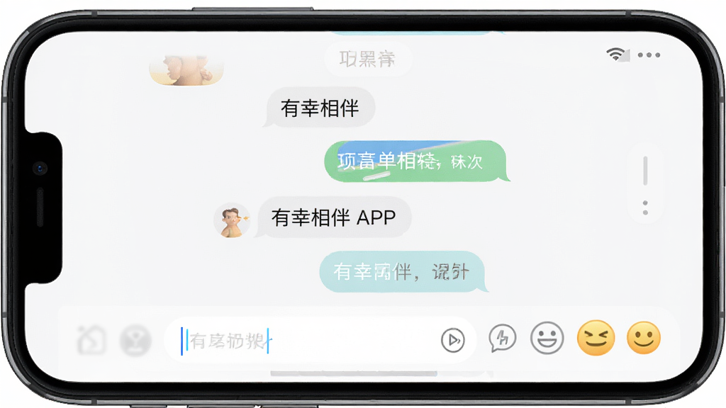 一部智能手机展示“有幸相伴”APP的运行界面,主体为聊天窗口,布局为上下结构,排版清晰,风格现代,细节包含聊天气泡、输入框、表情按钮,画质高清,干净,无多余元素