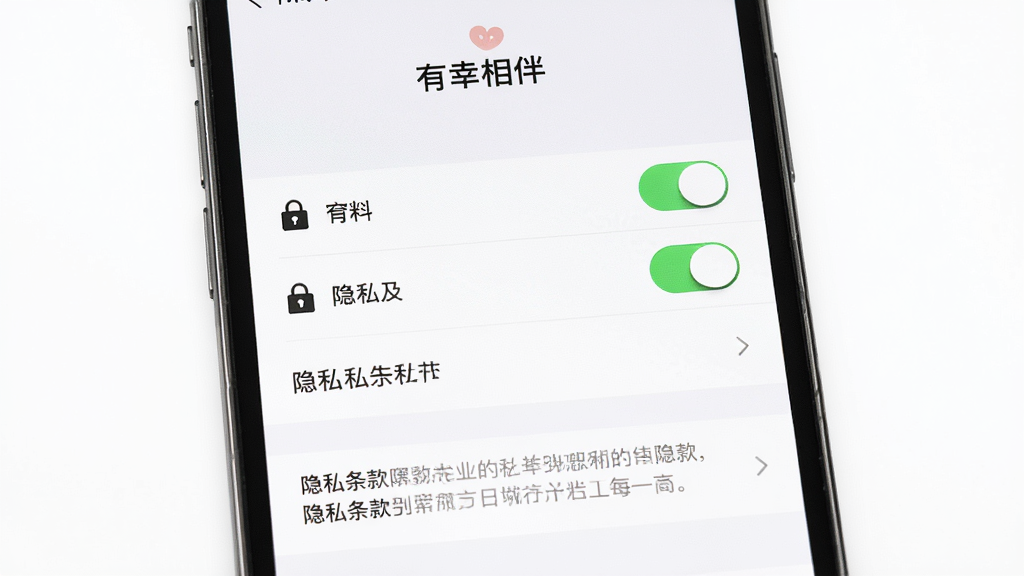手机屏幕展示“有幸相伴”隐私设置页面,主体为设置选项列表,布局为纵向排列,排版清晰,风格简洁安全,细节包含锁形图标、开关按钮、隐私条款文字,画质高清,干净,无多余元素