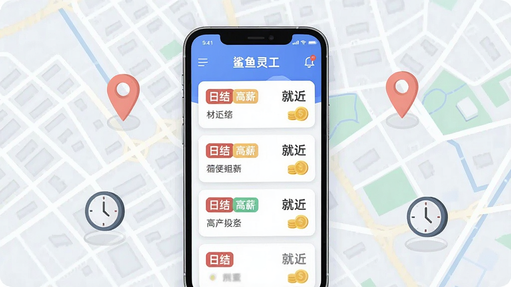 画面中央是鲨鱼灵工应用界面,屏幕上滚动显示各种任务卡片,卡片上标注了“日结”“高薪”“就近”等标签,背景是城市地图与定位图标,布局为横向宽屏展示,风格为现代简约插画风,细节有手机、地图标记、金币和时钟图标,画质清晰,干净,无多余元素