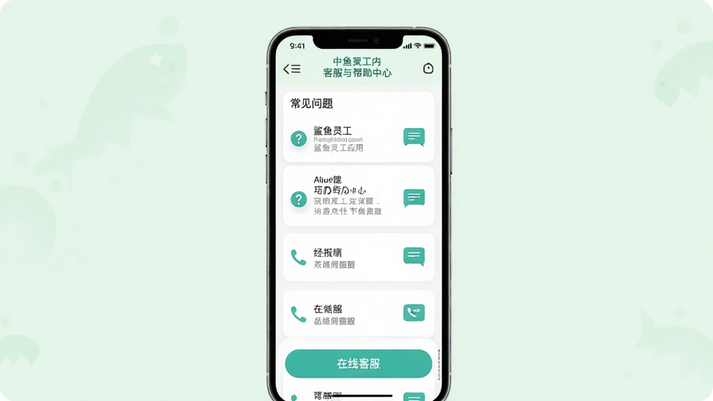 鲨鱼灵工应用内的客服与帮助中心页面,屏幕显示常见问题列表和在线客服入口,背景是柔和的浅绿色,布局为居中手机界面展示,风格为清新简洁风,细节包含问号图标、对话框、电话图标,画质清晰,干净,无多余元素