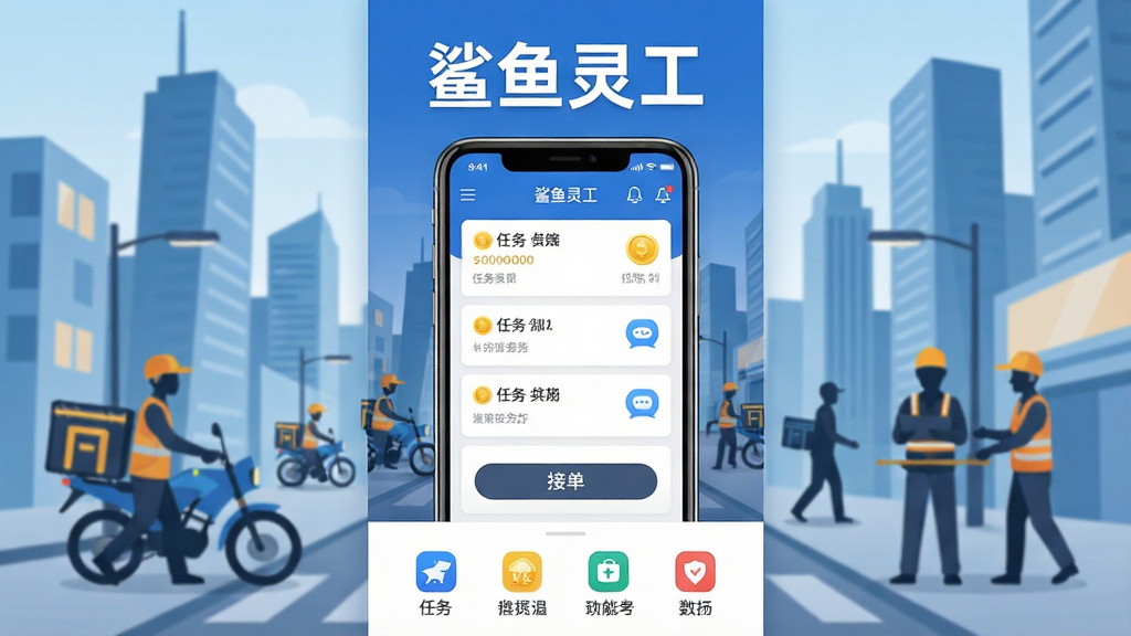 手机屏幕中央展示鲨鱼灵工应用主界面,界面中清晰显示任务列表和接单按钮,背景是现代化的城市街景与忙碌的配送员和工人剪影,布局采用竖版手机海报构图,上方是软件名称“鲨鱼灵工”大字标题,中间是应用界面截图风格,下方是功能图标排列,风格为扁平化科技感,细节包含任务卡片、金币图标、聊天气泡,画质高清,干净,无多余元素