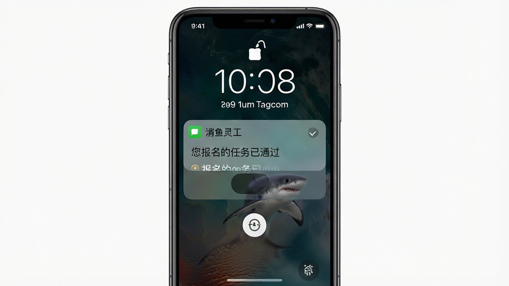 手机锁屏界面弹出鲨鱼灵工的消息通知卡片,卡片上显示“您报名的任务已通过”字样,背景是深色手机壁纸,布局为竖版锁屏构图,风格为写实科技风,细节包含时间显示、通知图标、滑动解锁条,画质高清,干净,无多余元素