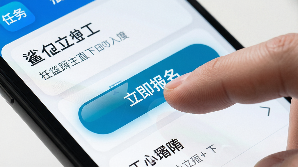 手机屏幕特写,画面中一只手指正在点击鲨鱼灵工应用上的“立即报名”按钮,按钮高亮显示,背景是任务详情页面,布局为对角线构图突出点击动作,风格为写实UI风格,细节包含指纹、按钮光泽、任务标题文字,画质高清,干净,无多余元素