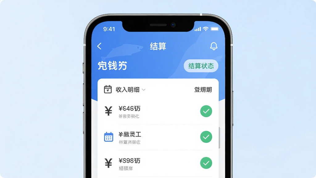 鲨鱼灵工应用内的钱包与结算页面,屏幕显示收入明细列表和结算状态标签,背景是淡蓝色渐变,布局为居中展示手机界面,风格为清新扁平化,细节包含人民币符号、日历图标、对勾标记,画质清晰,干净,无多余元素