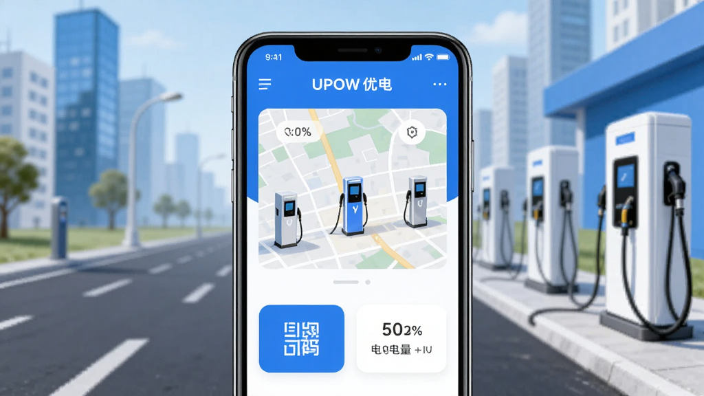 ����������һ�������ֻ�����Ļ����ʾ��UPOW�ŵ硱Ӧ�������棬�������г��׮��ͼ��ɨ�밴ť�͵����ٷֱȿ�Ƭ�������ǳ��е�·����վ���������ñ�ƽ���Ƽ����������ɫ��ϸ������������ɾ������廭�ʣ��޶���Ԫ��